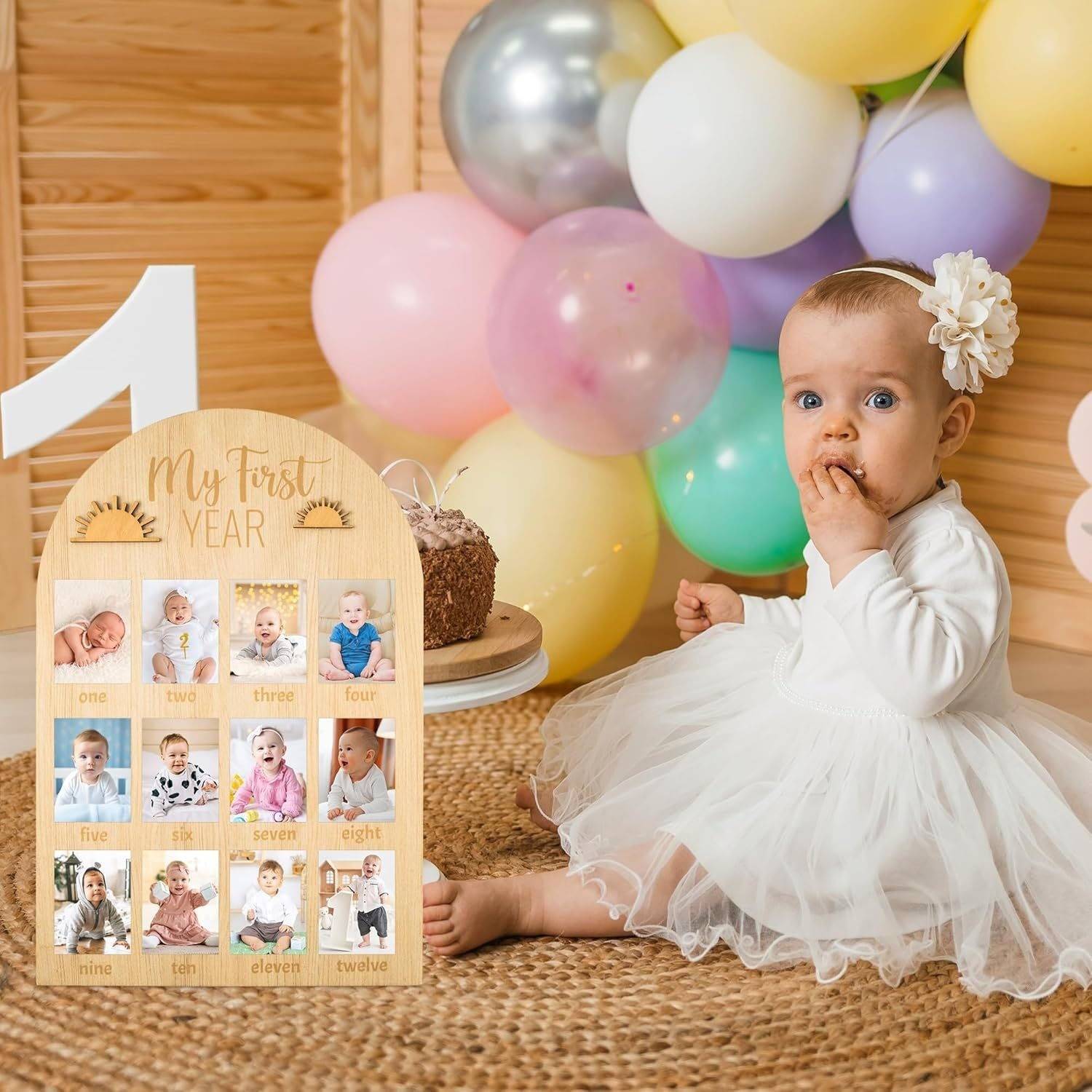 Infant Baptism Newborn First Year Milestone Photo Frame Wooden Baby Photo Display