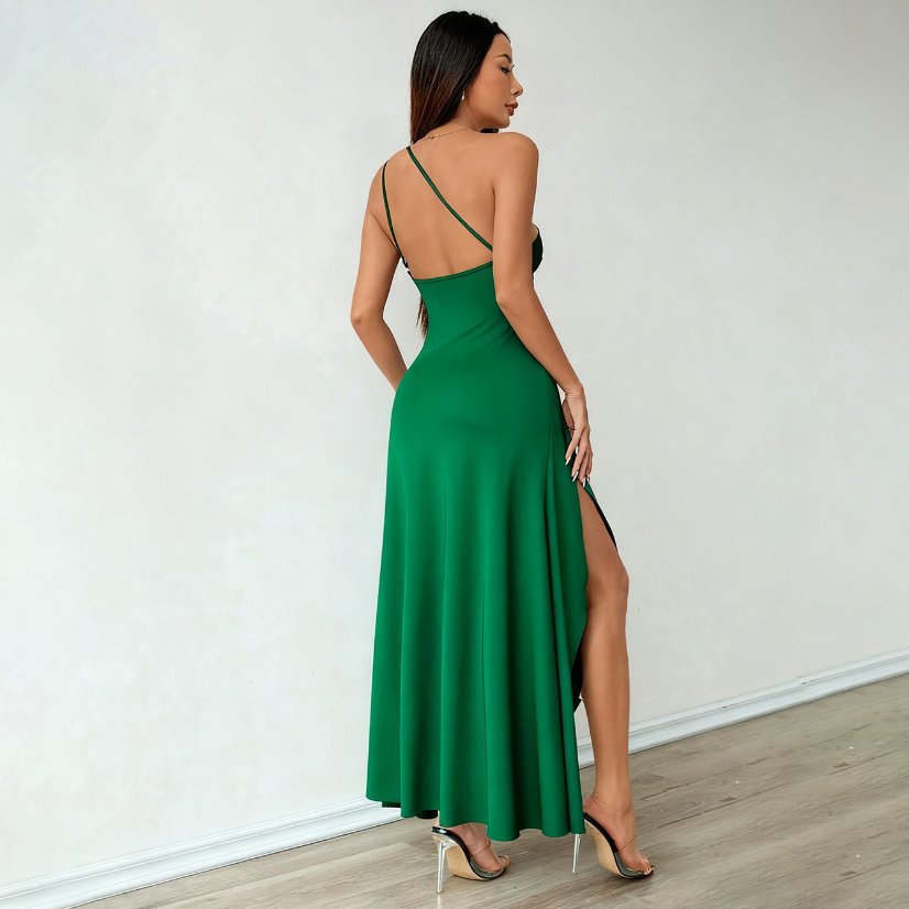 Evening Gowns 6567 One-Shoulder Ruched High-Slit Satin Gown