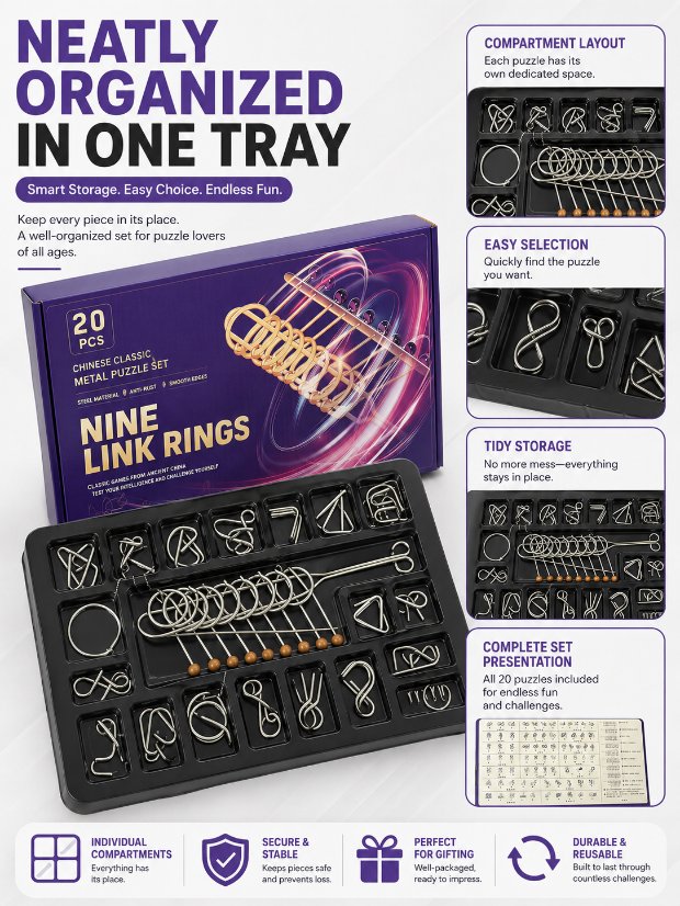 Nine Linked Rings (China Ring) 20-piece Gift Set of Chinese Ring Puzzle Brain Teasers