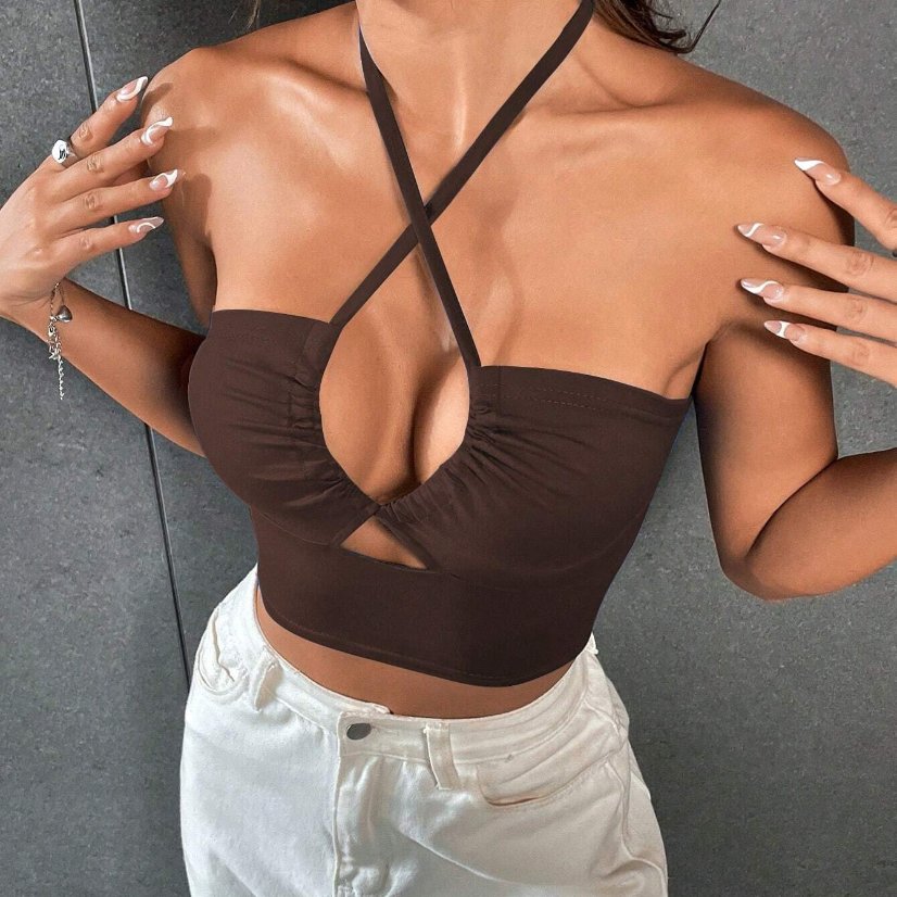 Tops 6605 Cutout Cross-Strap Halter Crop Top