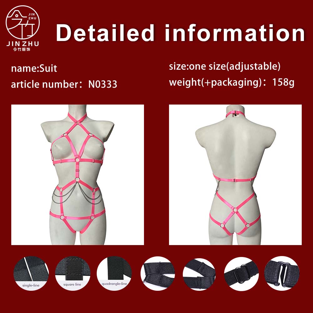 女士连体衣 Pink Chain Full-Body Harness – Metal Ring Elastic Strap Waist Chain Bodysuit 