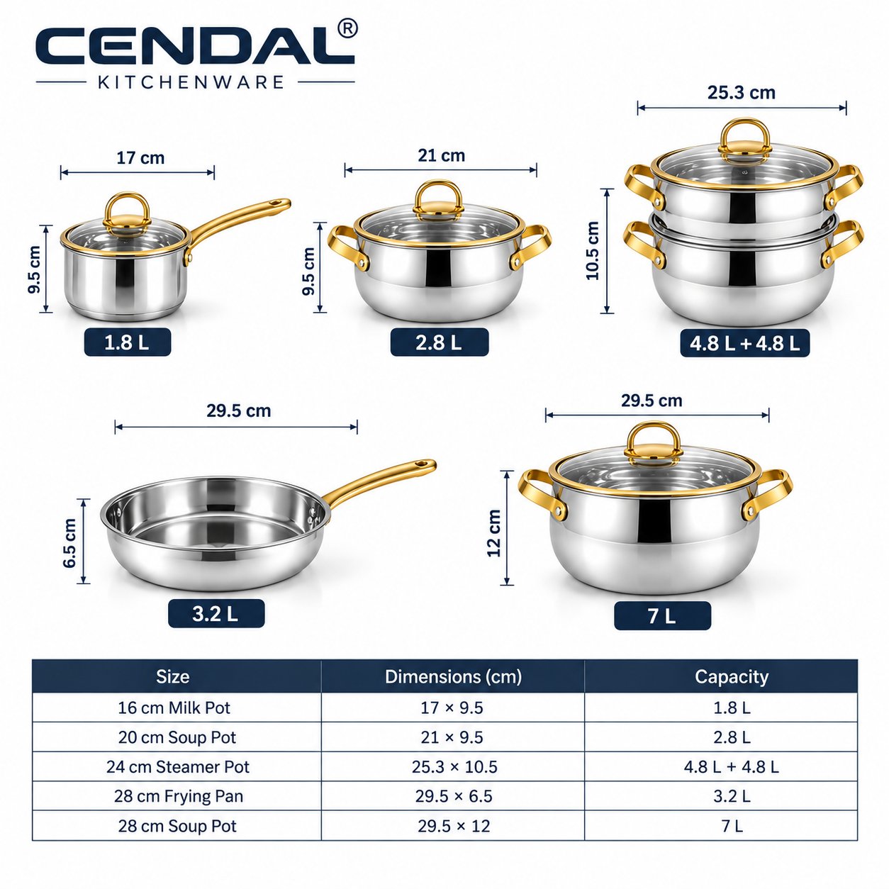 Cookware 3-Ply Steel Drum-Shaped 304 Stainless Steel 10-Piece Cookware Set