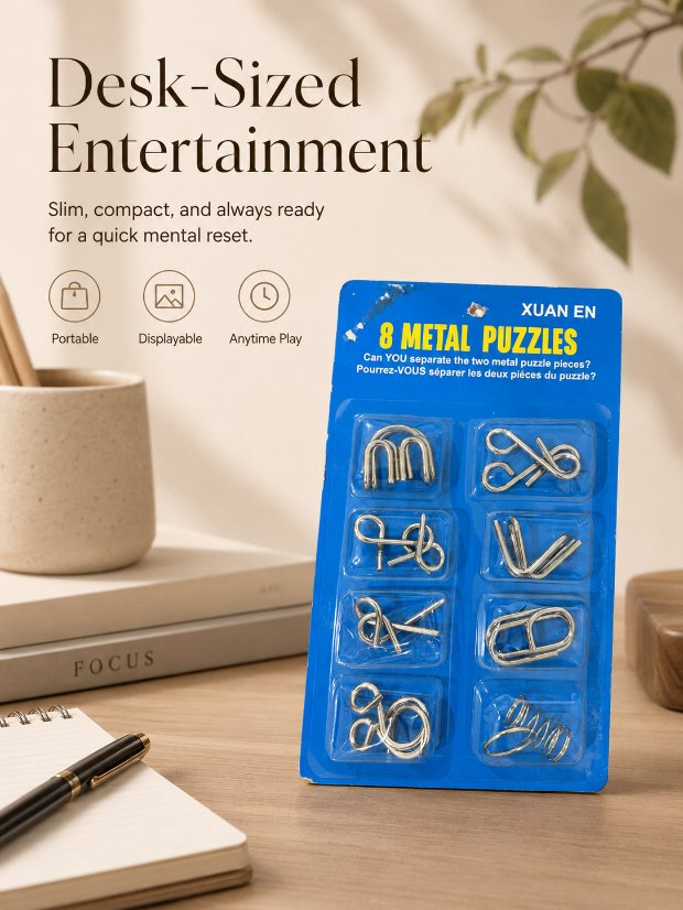 Puzzle Lock 8-Piece Extended Blue Brain Teaser Metal Puzzle Set with Blister Card Packaging