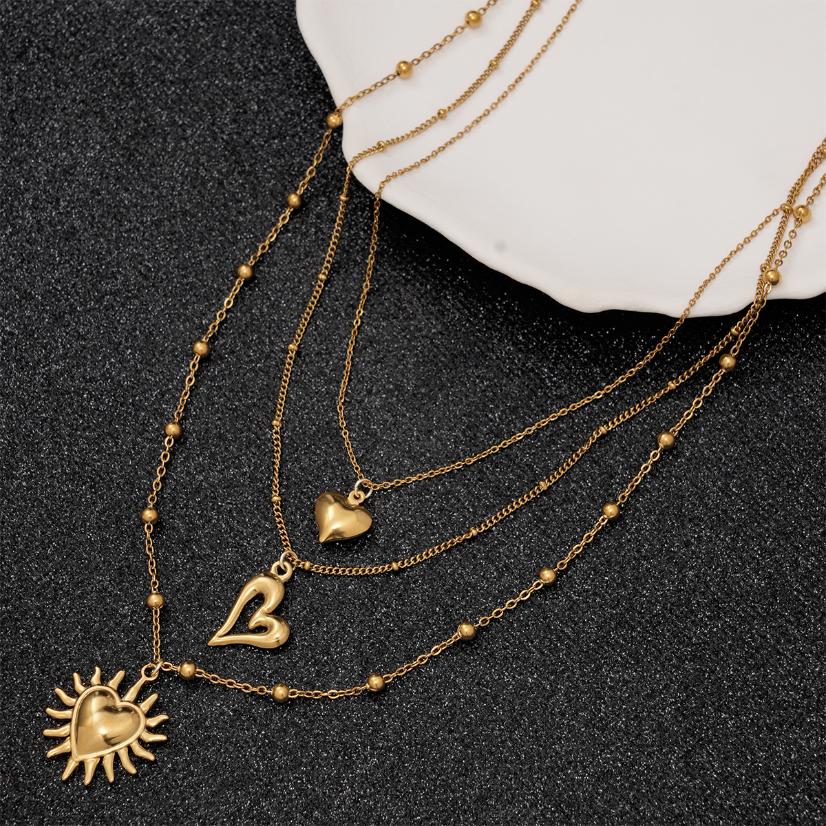 Stainless steel necklace 18K Gold Plated Multi Layer Necklace, Sun & Heart Pendant Stacked Necklace