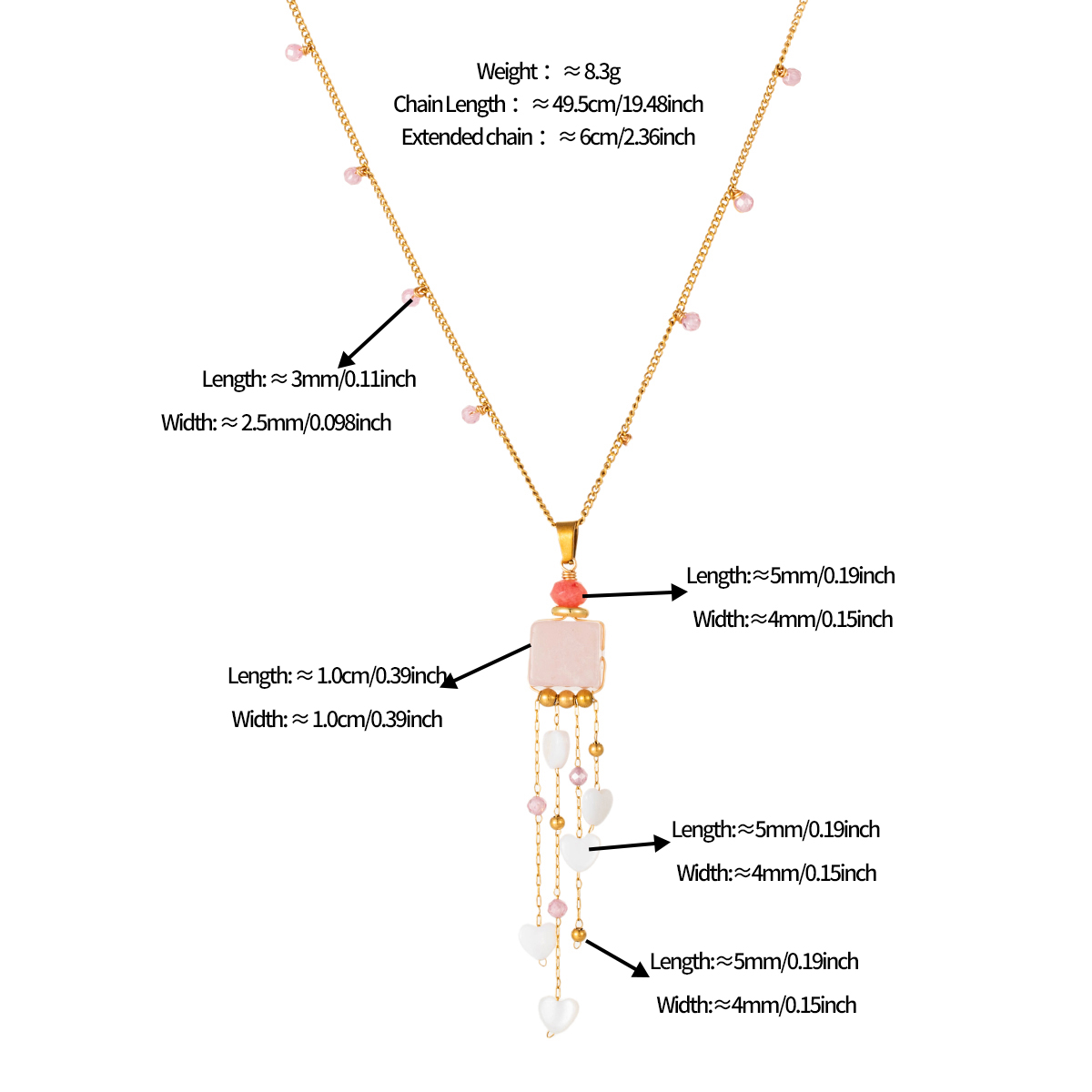 Stainless steel necklace 18K Gold Plated Pink Quartz Heart Tassel Jewelry Set, Necklace & Earrings