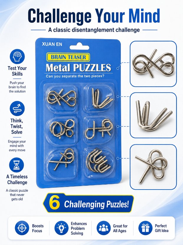 Puzzle Lock 6-Piece Intelligence Disentanglement Puzzle Blister Card Set (Blue Version)
