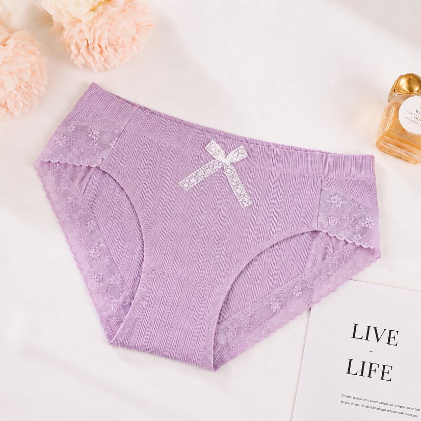 Lace Women's Underwear Women's Ribbed Cotton Briefs, Lace Bow Decor Soft Comfortable Underwear