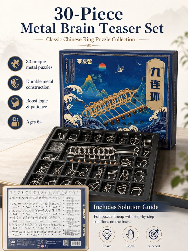 Nine Linked Rings (China Ring) 30-piece Gift Box of Chinese Ring Puzzle Brain Teaser Metal Disentanglement Puzzles