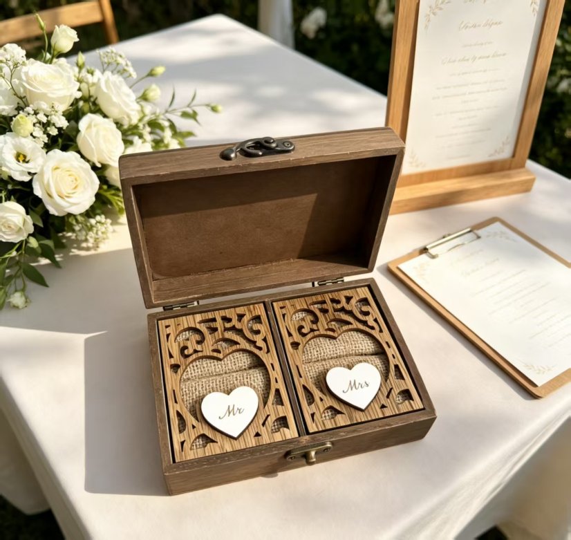 Wedding Supplies Vintage Cutout Wooden Ring Box (Mr & Mrs)