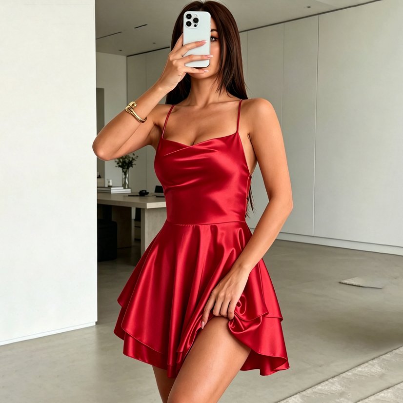 Dresses 201 Satin Camisole Dress with Double-Layer Skirt