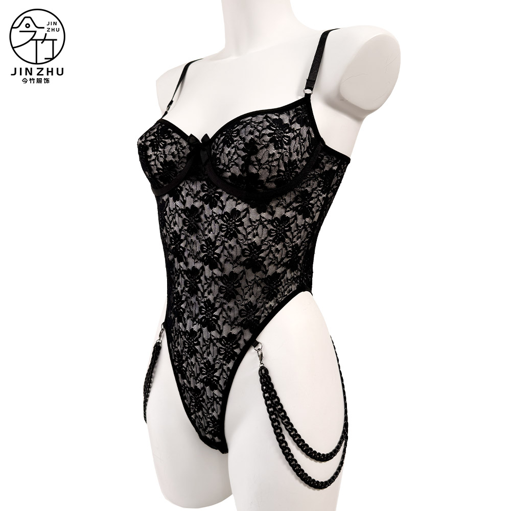 女士连体衣 Floral Lace Bodysuit – Bow & Black Chain Detail Pure Charm Lingerie