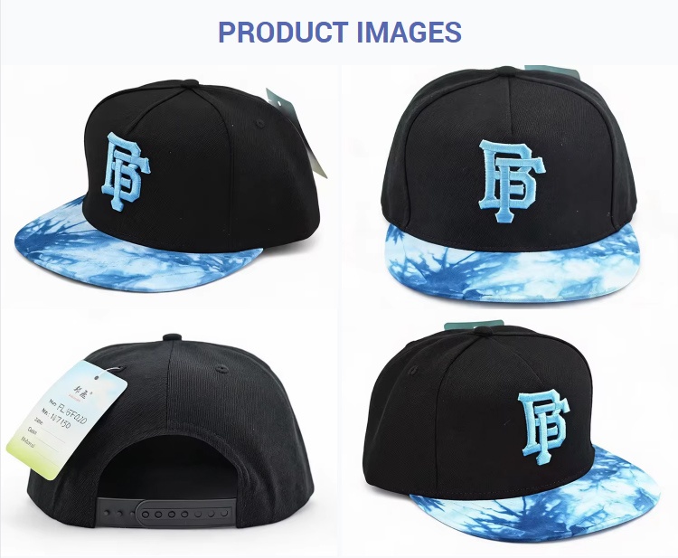 Flat Brim Caps Black Crown Light Blue 3D BF Embroidery Adjustable Snapback Cap Unisex Tie Dye Hip Hop Street Style Flat Brim Hat