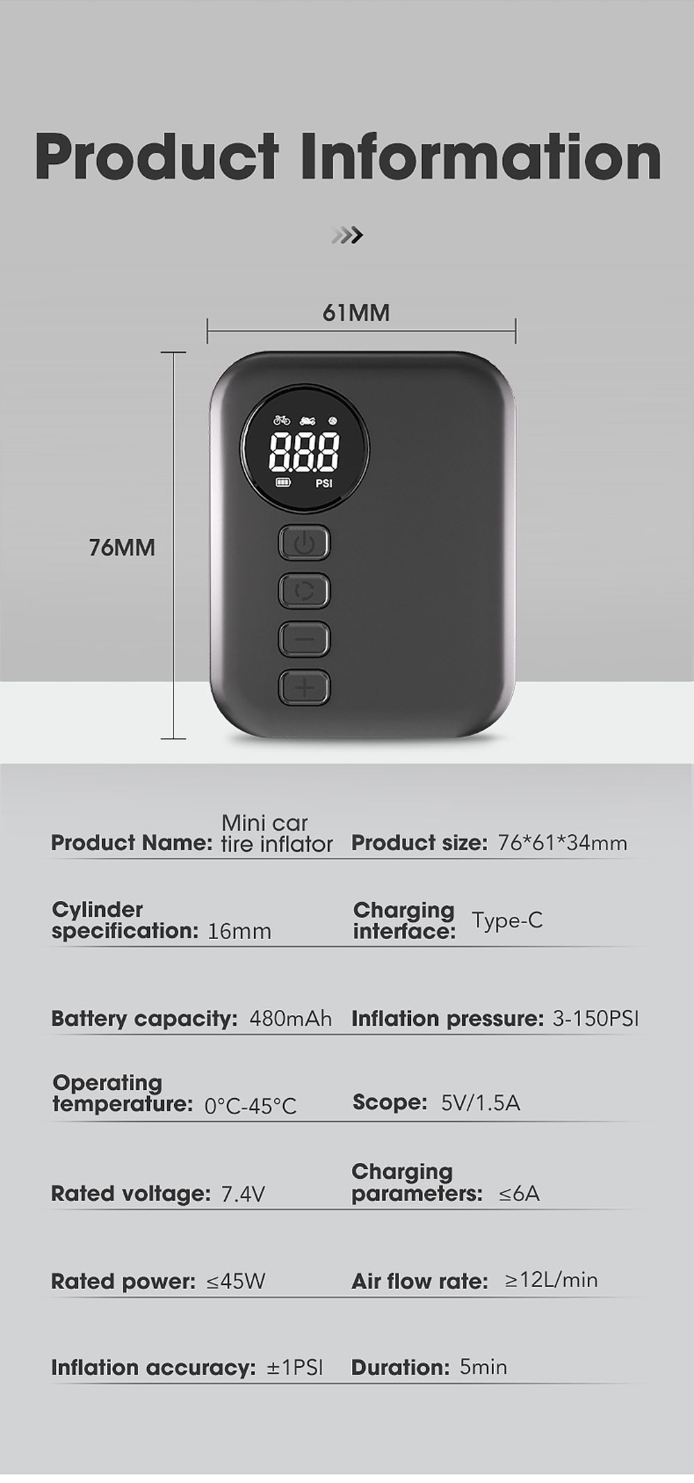 Brushless bicycle pump Ultra-Mini Wireless Portable Air Pump — Brushless Motor, 150 PSI, Digital Display