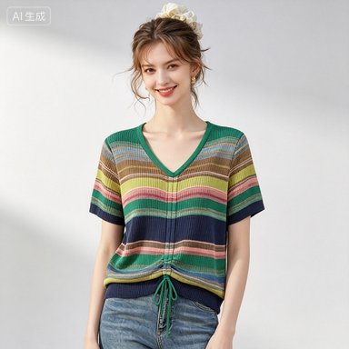 Women's Knitwear Women's Drawstring V-Neck Rainbow-Stripe Knit Top