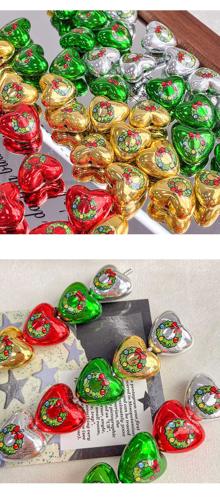 Printed bead Christmas-themed heart beads