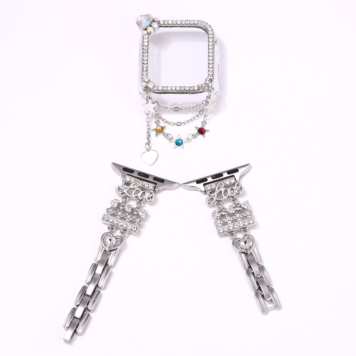 Alloy Watch Band Set Crown Heart Rhinestone Metal Strap + Case Set for Apple Watch All Series