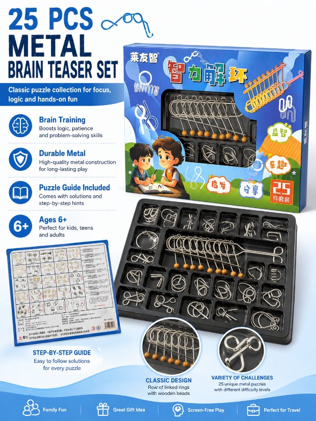Nine Linked Rings (China Ring) 25-Piece Brain Teaser Metal Puzzle Set Gift Box