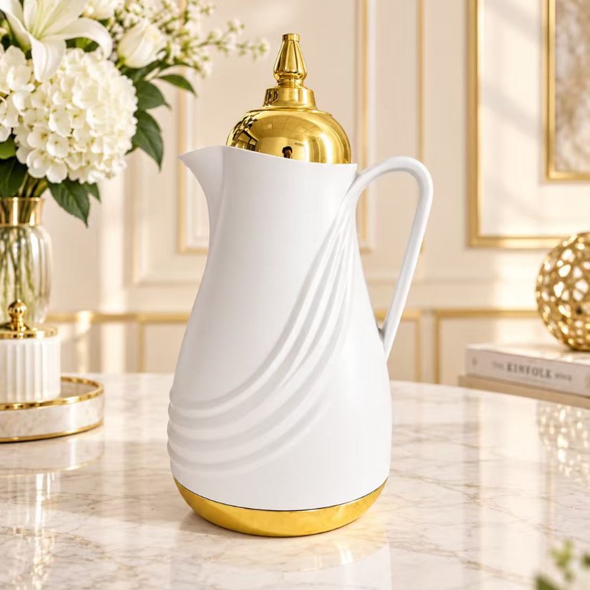 Kettle Modern Wave-Textured Vacuum Flask, Gold Lid Thermal Carafe
