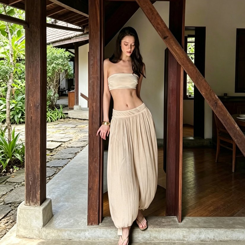 Two-Piece Sets 7132 Strapless Crop Top and Balloon-Leg Pants Set