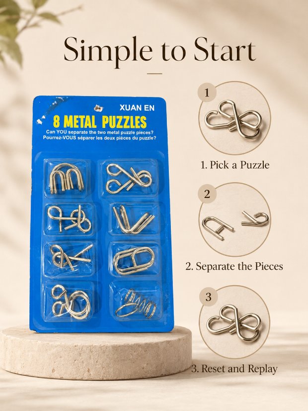 Puzzle Lock 8-Piece Extended Blue Brain Teaser Metal Puzzle Set with Blister Card Packaging