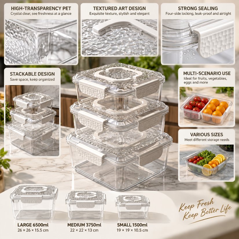 4-Piece Food Container Set Square 4-Piece Food Storage Container Set with Handle