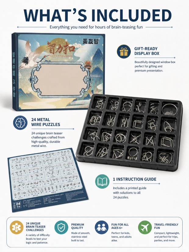 Puzzle Lock 24-Piece Metal Brain Teaser Puzzle Set Gift Box
