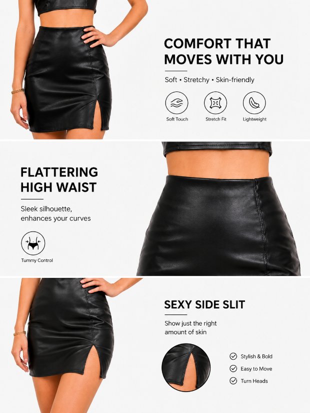 skirts Women's Faux Leather Skirt High Waist Tummy Control Bodycon Mini Short Skirt with Slit
