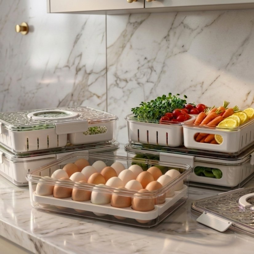 Refrigerator Organization Airtight Produce Keeper with Drain Basket, Vegetable Washing & Storage Container