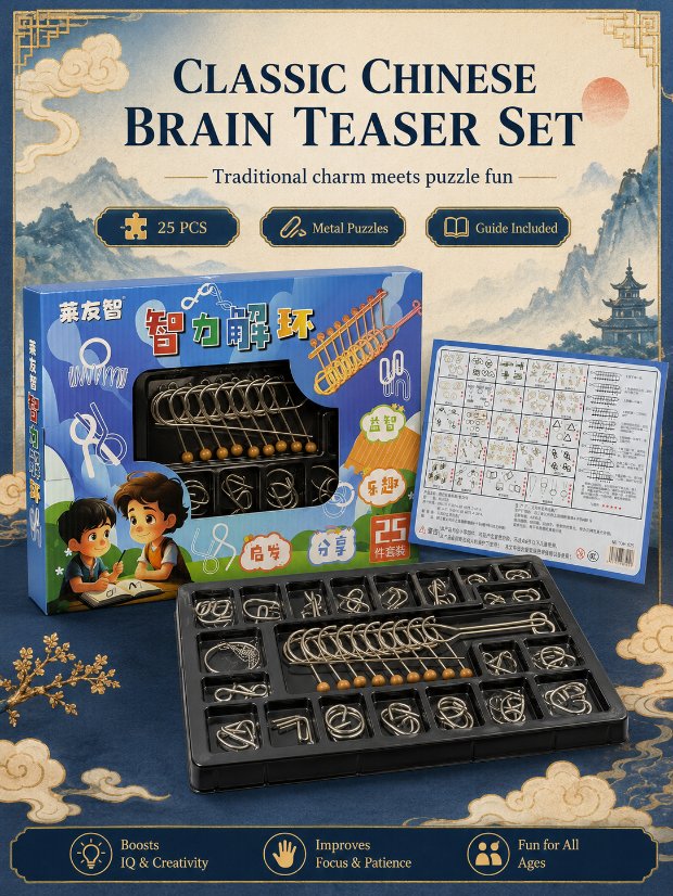 Nine Linked Rings (China Ring) 25-Piece Brain Teaser Metal Puzzle Set Gift Box