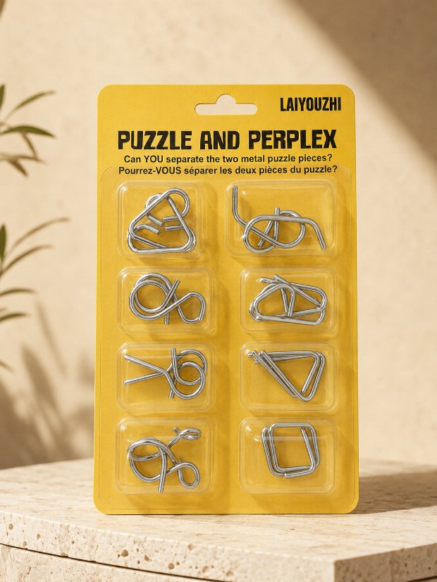 Puzzle Lock 8-Piece Yellow Suction Card Brain Teaser Metal Puzzles Set