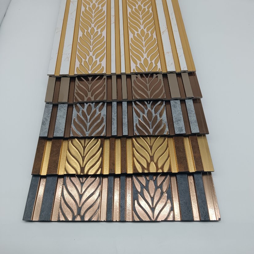 fluted wall panel PS Carved Leaf Fluted Wall Panel with Metal Trim, Embossed Decorative Slat Board