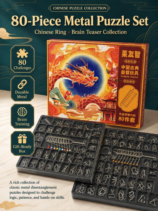 Nine Linked Rings （China Ring） 80-Piece Gift Set of Nine Linked Rings Brain Teaser Puzzles