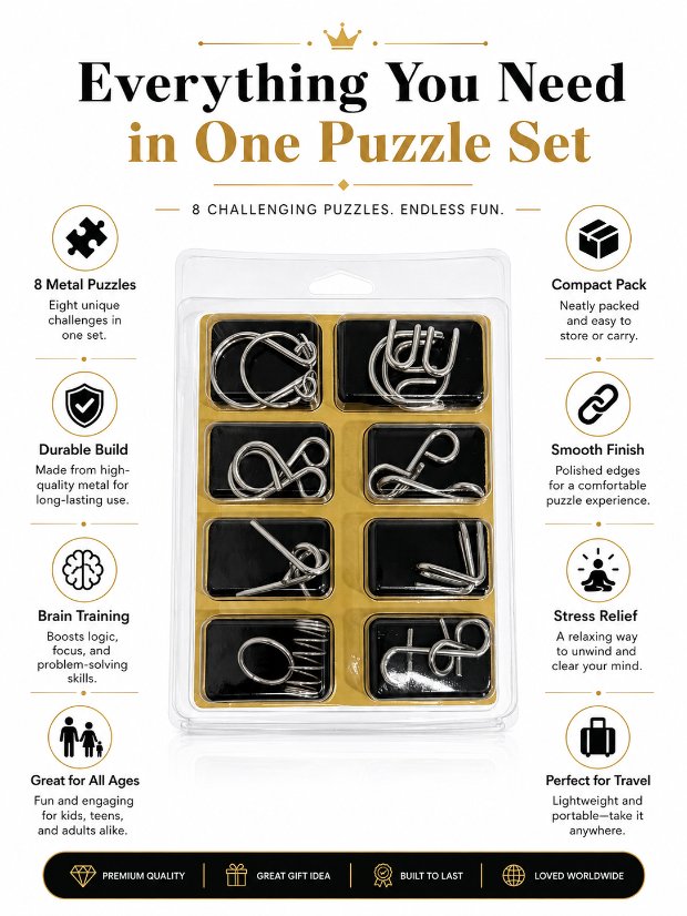 Puzzle Lock 8-Piece Set A of Brain Teaser Metal Puzzles with Blister Pack