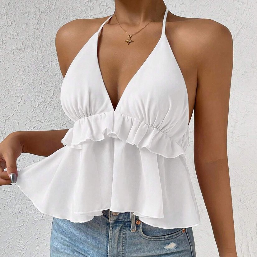 Tops 6575 Deep-V Halter Ruffle Chiffon Top