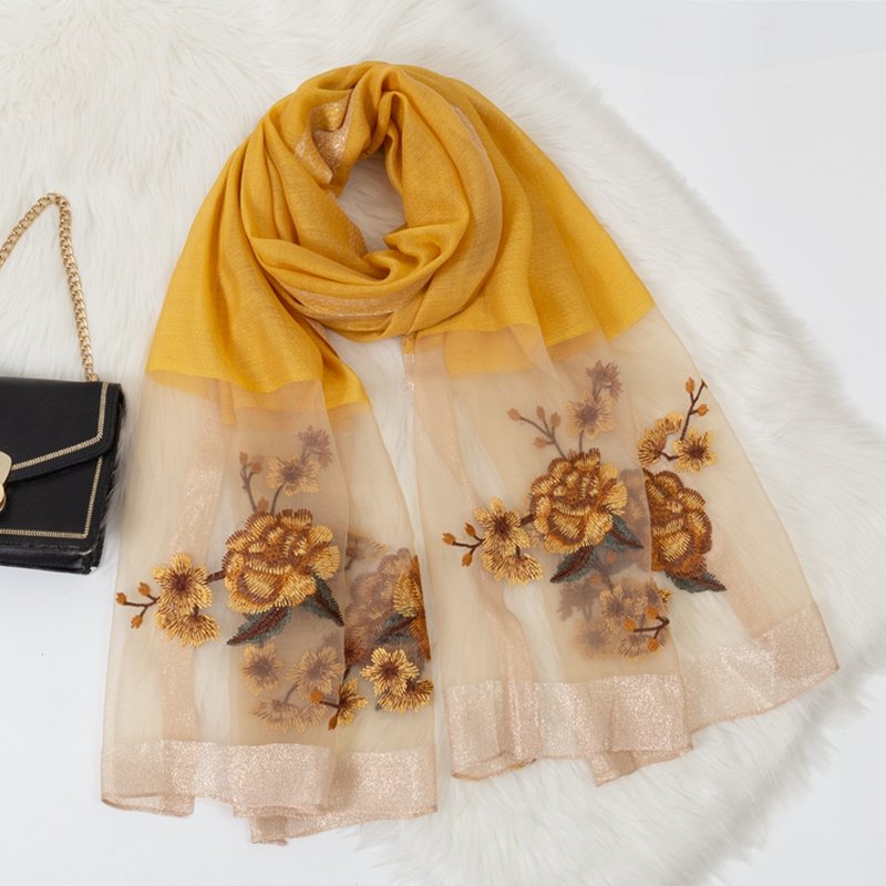 Embroidered Long Scarves Embroidered Faux Silk Peony Long Scarf and Shawl