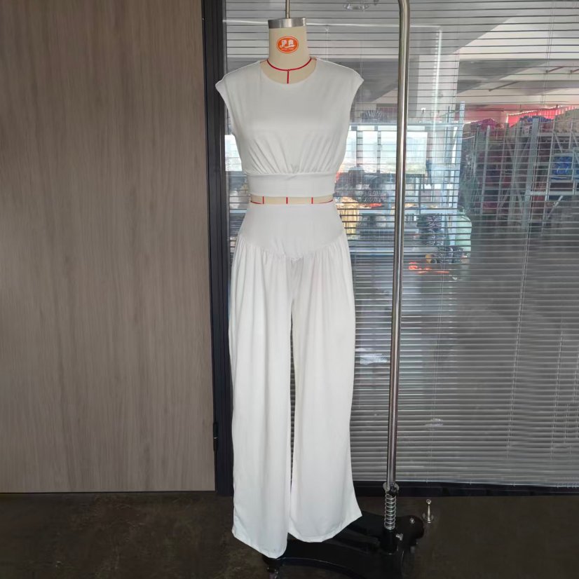 Two-Piece Sets 7181 Sleeveless Crop Top and Wide-Leg Pants Set