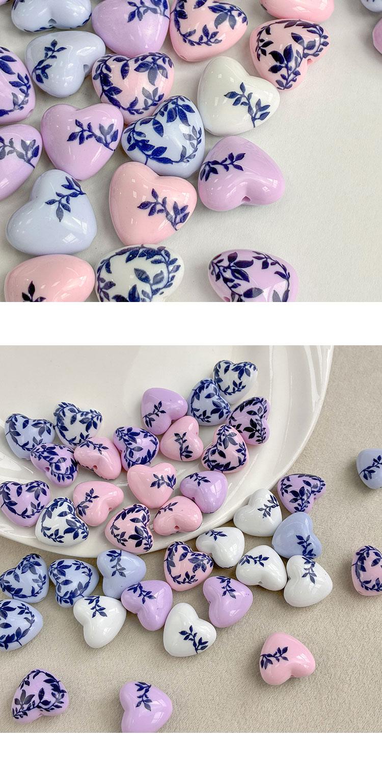 Printed bead Blue and white porcelain printed heart-shaped beads