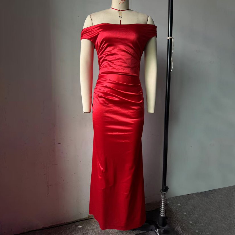 Evening Gowns 6513 Burgundy Off-Shoulder Satin Mermaid Gown