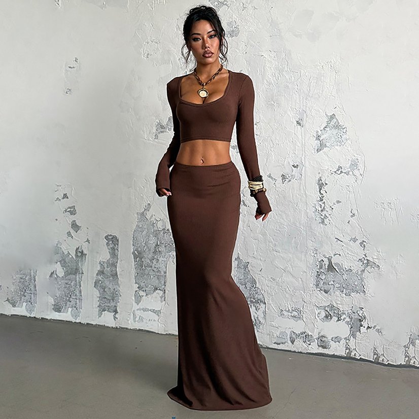 Two-Piece Sets 6798 Ribbed Square-Neck Crop Top and Fishtail Skirt Set