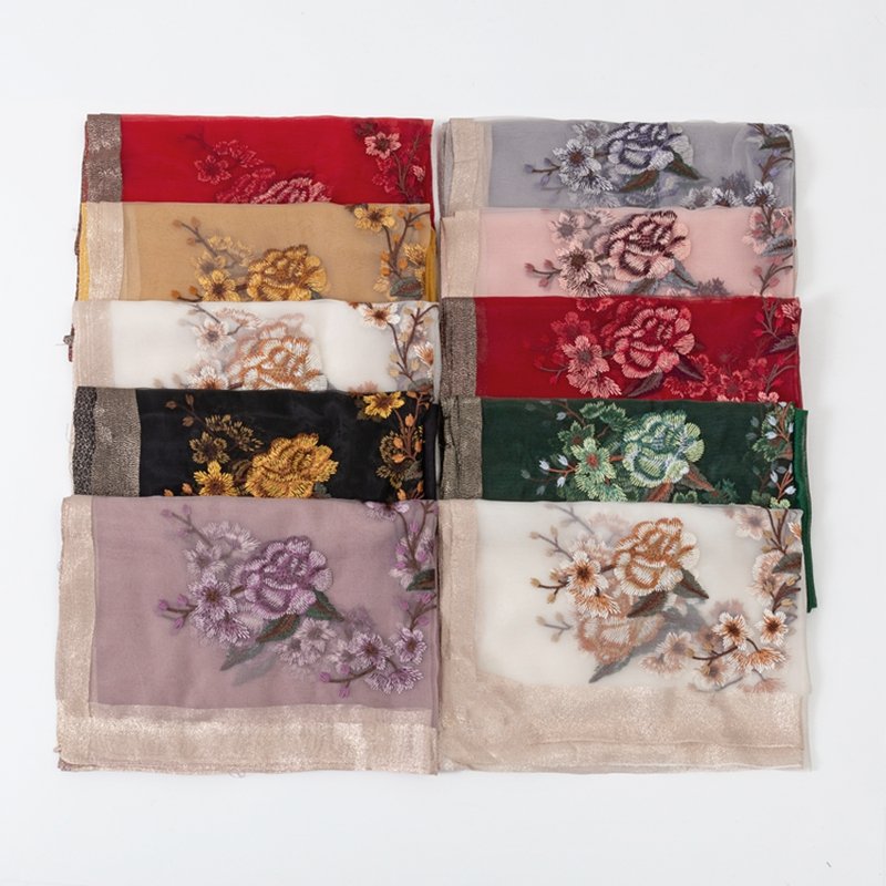 Embroidered Long Scarves Embroidered Faux Silk Peony Long Scarf and Shawl