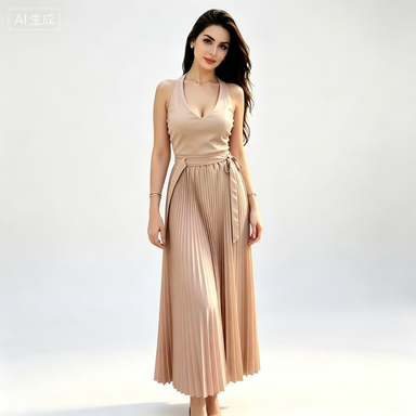 Outdoor Casual Women's Halter V-Neck Top and Pleated Wide-Leg Pants Set
