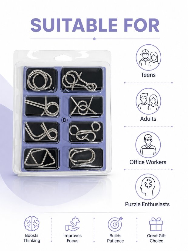 Puzzle Lock 8-Piece Set D of Intellectual Unlocking Puzzle Blister Pack