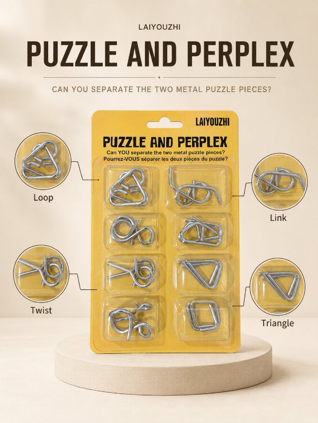 Puzzle Lock 8-Piece Yellow Suction Card Brain Teaser Metal Puzzles Set