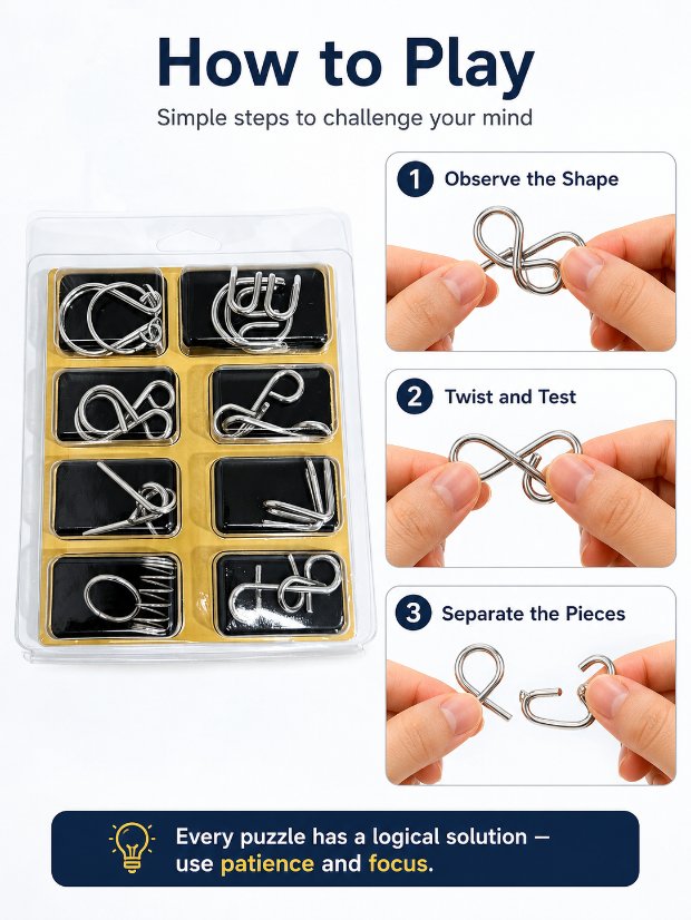 Puzzle Lock 8-Piece Set A of Brain Teaser Metal Puzzles with Blister Pack