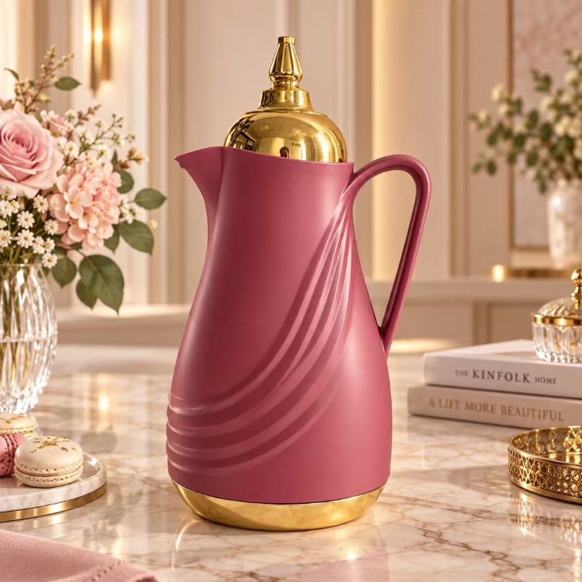 Kettle Modern Wave-Textured Vacuum Flask, Gold Lid Thermal Carafe