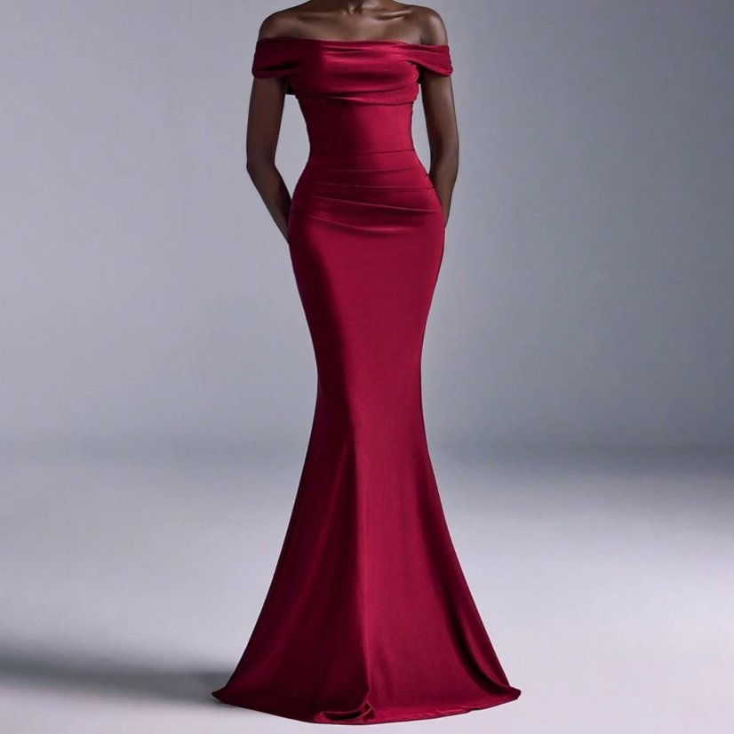 Evening Gowns 6513 Burgundy Off-Shoulder Satin Mermaid Gown