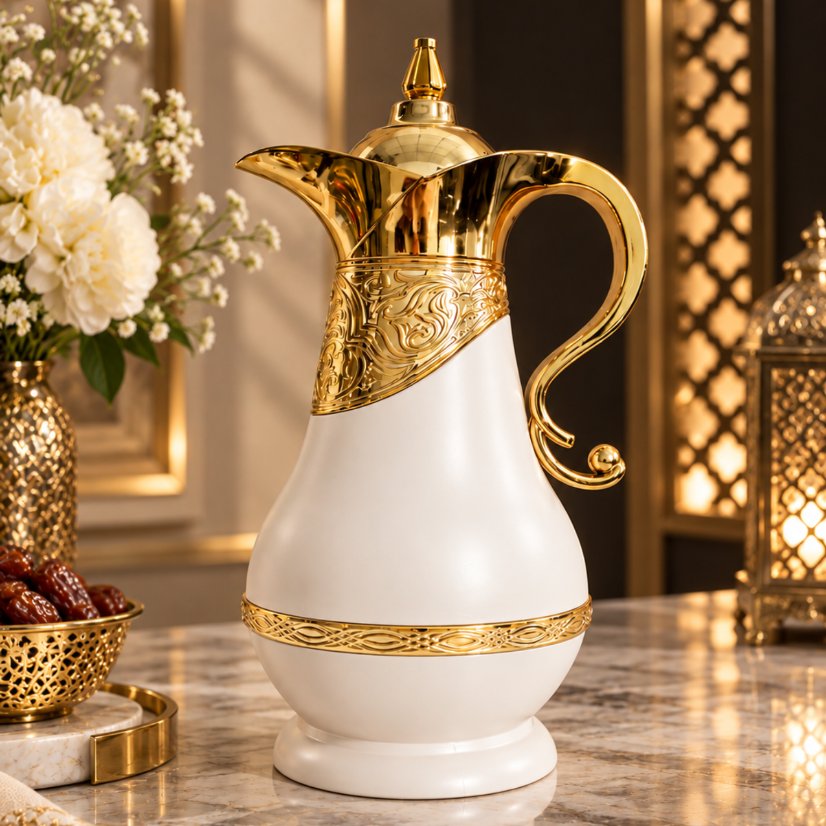 Kettle Ornate Gold Vacuum Flask with Gem Lid, Decorative Handle Thermal Carafe