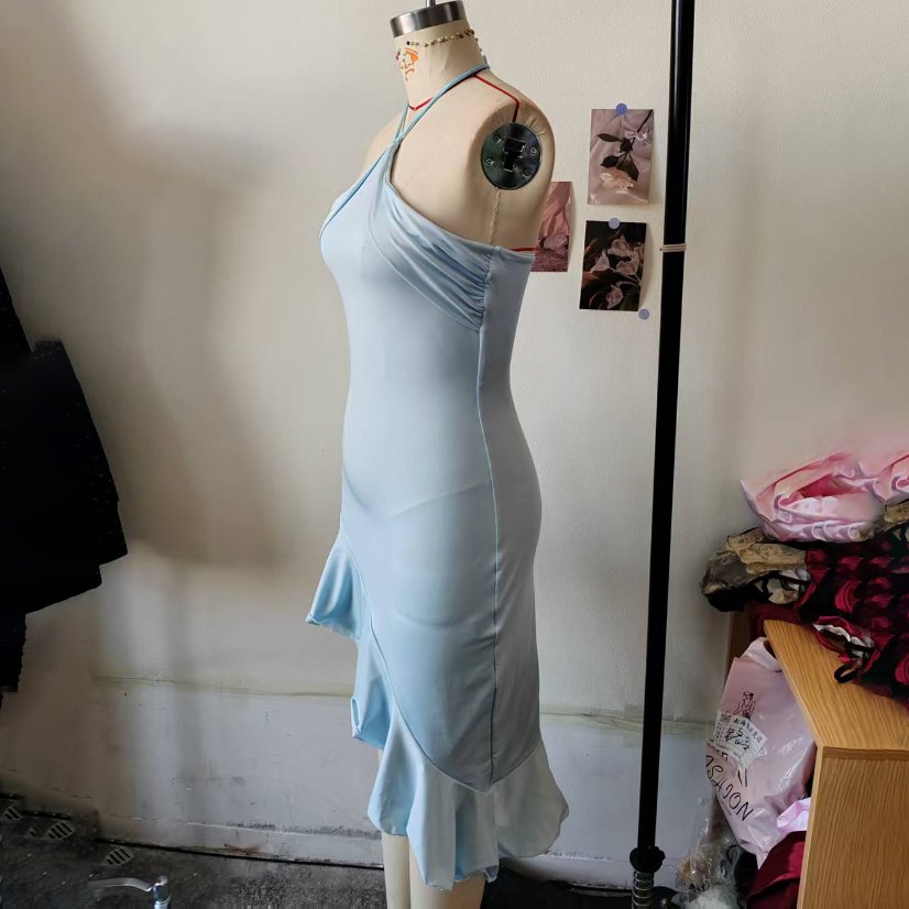 Dresses 6891 Light Blue Halter Dress with Asymmetric Ruffle Hem