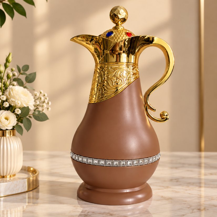 Kettle Ornate Gold Vacuum Flask with Gem Lid, Decorative Handle Thermal Carafe