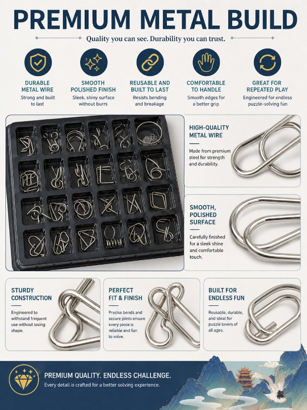 Puzzle Lock 24-Piece Metal Brain Teaser Puzzle Set Gift Box